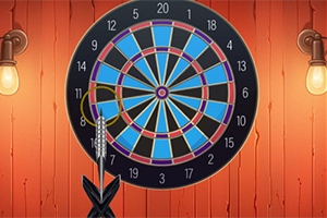 Un tablero de dardos circular con números rodeado por luces en una pared naranja