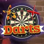 Tablero de dardos con dos dardos, uno amarillo y otro rojo, junto a la palabra Darts en letras grandes sobre un fondo de ladrillos