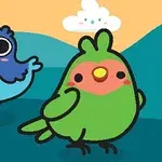 Dos aves caricaturescas, una azul y otra verde, sobre un fondo de paisaje con montañas y nubes blancas
