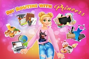 Una joven rubia sonriente en ropa casual rodeada de ilustraciones que representan actividades cotidianas como desayuno, libros, computadora y maquillaje