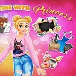 Una joven rubia sonriente en ropa casual rodeada de ilustraciones que representan actividades cotidianas como desayuno, libros, computadora y maquillaje