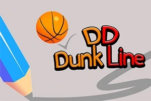 Lápiz azul dibuja una línea curva que guía una pelota de baloncesto junto al texto DD Dunk Line