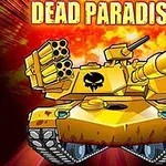 Tanque amarillo blindado con un cañón grande y lanzacohetes visibles, sobre un fondo explosivo rojo con letras en la parte superior