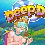 Submarinista con equipo de buceo y el texto Deep Dive sobre un fondo submarino colorido con corales y plantas acuáticas