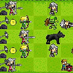 Personajes pixelados en un campo de batalla verde con guerreros, arqueros y criaturas fantásticas enfrentándose