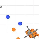 Dos helicópteros dibujados, uno azul y otro naranja, enfrentándose en una cuadrícula con círculos de colores