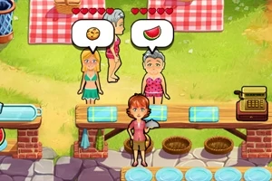 Personas en un área de picnic con burbujas de pensamiento mostrando comida, como galletas y sandías, y una chica al frente con una caja registradora al lado