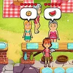 Personas en un área de picnic con burbujas de pensamiento mostrando comida, como galletas y sandías, y una chica al frente con una caja registradora al lado