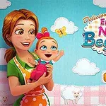 Una mujer sonriente sostiene a un bebé con un fondo de cielo azul con nubes y ovejas, junto a un botón que dice Play