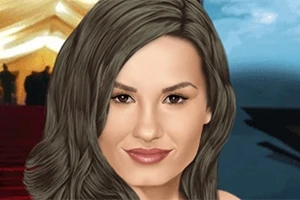 Retrato ilustrado de una mujer con cabello largo y castaño, de pie frente a un fondo rojo y azul