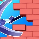 Un pico azul rompiedo una pared de ladrillos rojos
