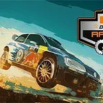 Coche de carreras azul con detalles de patrocinadores compitiendo en un terreno desértico con el logotipo de Desert Racing en la parte superior derecha