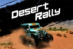 Un vehículo todoterreno azul levanta polvo mientras recorre un camino de tierra en un entorno desértico, con las palabras Desert Rally en el fondo