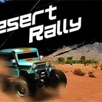 Un vehículo todoterreno azul levanta polvo mientras recorre un camino de tierra en un entorno desértico, con las palabras Desert Rally en el fondo