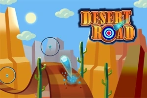 Paisaje de desierto con montañas amarillas, un camino sinuoso, cactus y un título que dice Desert Road