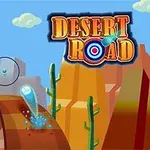 Paisaje de desierto con montañas amarillas, un camino sinuoso, cactus y un título que dice Desert Road