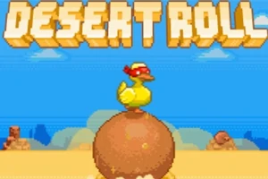 Un pato con sombrero rojo sobre una esfera en un paisaje desértico con el texto Desert Roll en la parte superior