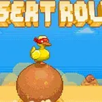 Un pato con sombrero rojo sobre una esfera en un paisaje desértico con el texto Desert Roll en la parte superior