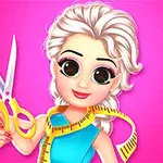 Dibujo de una chica rubia con ojos grandes, sosteniendo unas tijeras amarillas y una cinta métrica alrededor del cuello sobre un fondo rosa
