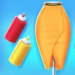 Falda amarilla en un maniquí rodeada de botes de pintura en aerosol de colores brillantes sobre un fondo azul