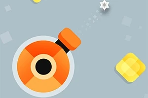 Fondo gris claro con un cañón naranja en la esquina inferior izquierda disparando un proyectil hacia una estrella blanca en la parte superior derecha, rodeado de bloques amarillos y cuadrados más claros