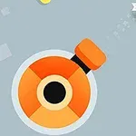 Fondo gris claro con un cañón naranja en la esquina inferior izquierda disparando un proyectil hacia una estrella blanca en la parte superior derecha, rodeado de bloques amarillos y cuadrados más claros