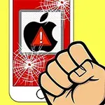 Puño cerrado impactando una pantalla de teléfono, mostrando un icono de alerta con el logo de una manzana sobre un fondo rojo