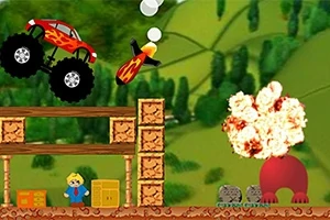Un coche monstruo rojo en el aire, un misil con flamas en el centro y una explosión al fondo, con cajas y una figura similar a un muñeco en un entorno verde