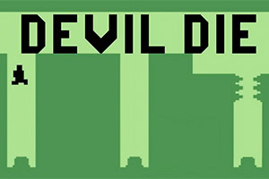 Texto pixelado DEVIL DIE en negro sobre fondo verde con siluetas rectangulares tipo edificios y un pequeño personaje en píxeles
