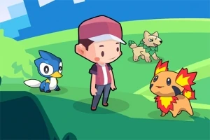 Un personaje animado con gorra roja está rodeado de tres criaturas coloridas en un paisaje verde y azul