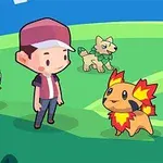 Un personaje animado con gorra roja está rodeado de tres criaturas coloridas en un paisaje verde y azul