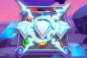 Un tablero de juego con joyas de colores, destacando un diamante brillante en el centro rodeado de un resplandor eléctrico