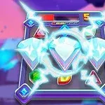 Un tablero de juego con joyas de colores, destacando un diamante brillante en el centro rodeado de un resplandor eléctrico