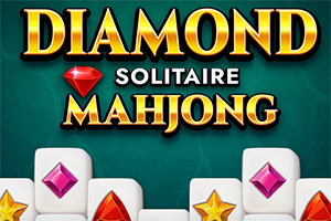 Texto Diamond Solitaire Mahjong con joyas de colores en un fondo verde
