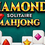 Texto Diamond Solitaire Mahjong con joyas de colores en un fondo verde