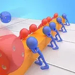 Figuras azules y rojas empujando un tablón naranja sobre una superficie cuadriculada, con dados visibles