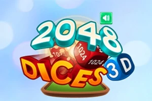 Texto colorido 2048 Dices 3D con dados numerados en un fondo azul claro