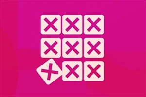 Nueve cuadros con una X en cada uno forman una cuadrícula sobre un fondo rosa, con un cuadro desplazado hacia abajo