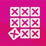 Nueve cuadros con una X en cada uno forman una cuadrícula sobre un fondo rosa, con un cuadro desplazado hacia abajo