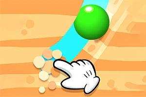 Dibujo de un dedo blanco moviendo arena para que una esfera verde ruede por un canal azul