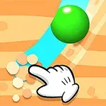 Dibujo de un dedo blanco moviendo arena para que una esfera verde ruede por un canal azul