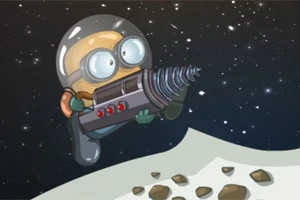 Un personaje con casco espacial y goggles sostiene un taladro en el espacio con un paisaje de asteroides al fondo