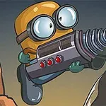 Personaje animado con casco amarillo y gafas grandes sosteniendo una herramienta con un taladro en un paisaje rocoso