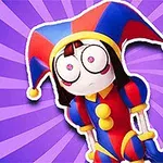 Personaje con disfraz de arlequín en colores rojo, azul y amarillo, con fondo de rayos morados
