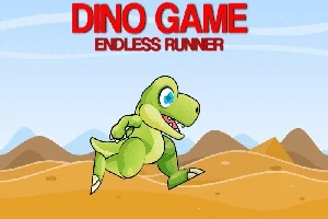 Dinosaurio verde corriendo en un desierto con montañas al fondo y letras rojas en la parte superior