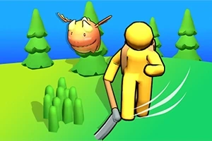 Un personaje amarillo con una herramienta camina en un paisaje de dibujos animados con árboles y un animal sonriente flotando detrás de él