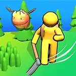 Un personaje amarillo con una herramienta camina en un paisaje de dibujos animados con árboles y un animal sonriente flotando detrás de él