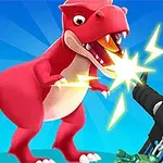 Un dinosaurio rojo rugiendo frente a un objeto futurista que emite destellos de luz en un fondo azul