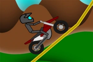 Piloto animado en motocicleta subiendo una colina empinada en un paisaje montañoso
