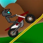 Piloto animado en motocicleta subiendo una colina empinada en un paisaje montañoso